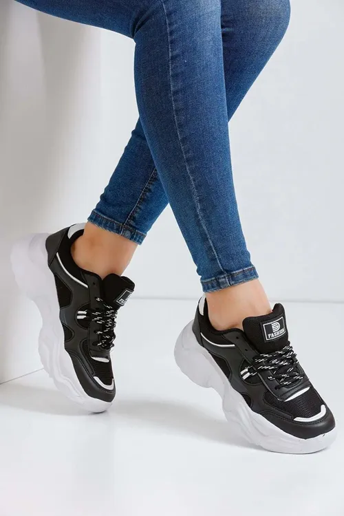 Siyah Rahat Kalın Taban Kadın Sneaker Spor Ayakkabı