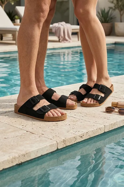 Comfort Çift Bantlı Nubuk Unisex Terlik Günlük Sahil Plaj Terliği