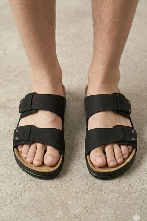 Comfort Pimli Çift Bantlı Siyah Erkek Terlik Günlük Sahil Plaj Terliği