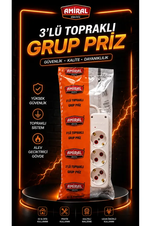 3,lü Topraklı Grup Priz 5 Metre Kablolu