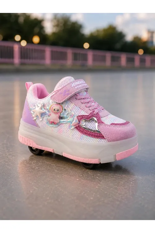 Kız Çocuk Işıklı Tekerlekli Paten Ayakkabı - Pembe Desenli Spor Ayakkabı