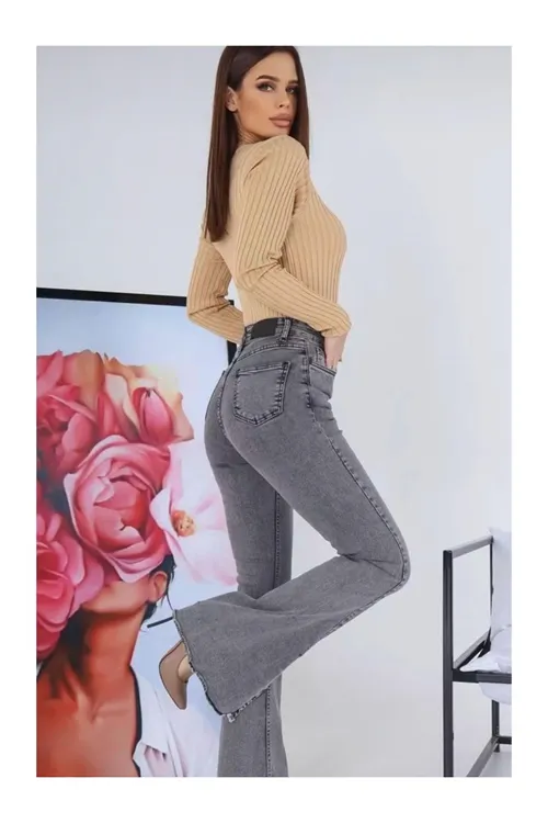 Gri Yüksek Bel Yırtmaçlı Kadın İspanyol Paça Jean Pantolon