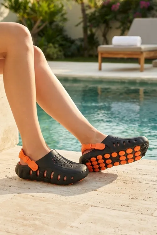 Siyah Turuncu Günlük Sahil Havuz Plaj Terliği Unisex Terlik & Sandalet