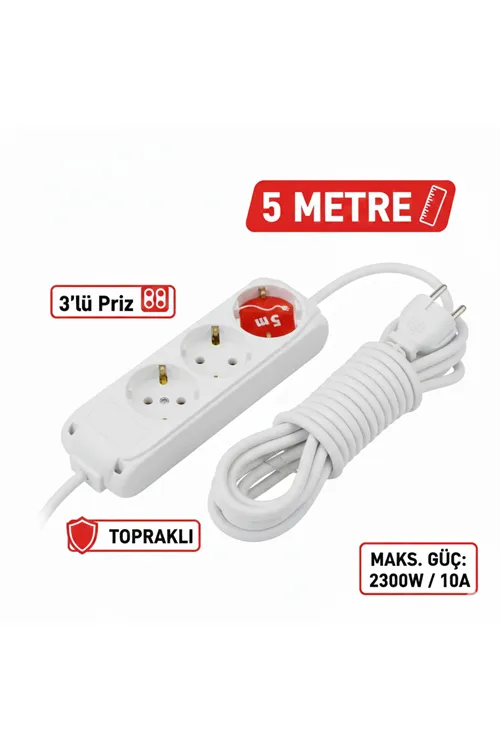 5 Metre Kablolu Topraklı Ara Kablosu Uzatmalı Seyyar 3lü Grup Priz