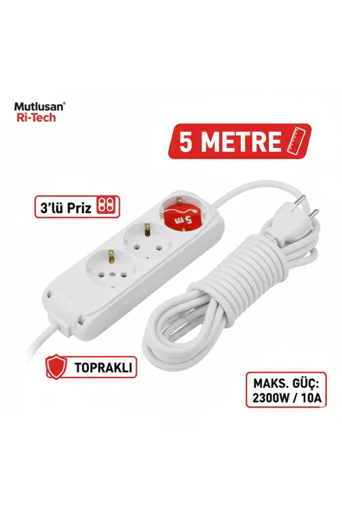 5 Metre Kablolu Topraklı Ara Kablosu Uzatmalı Seyyar 3lü Grup Priz