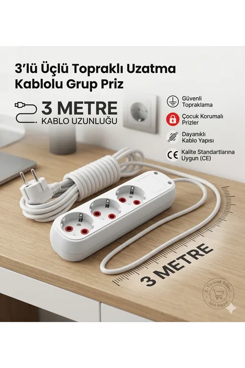 Grup 3'lü Ara Kablo Topraklı Üçlü Priz (3 METRE)