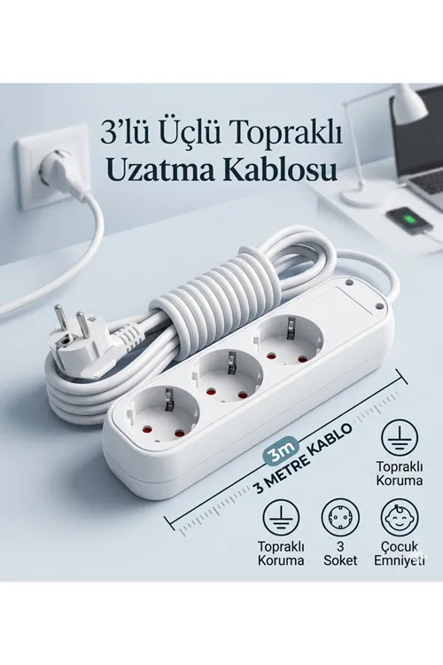 Grup 3'lü Ara Kablo Topraklı Üçlü Priz (3 METRE)