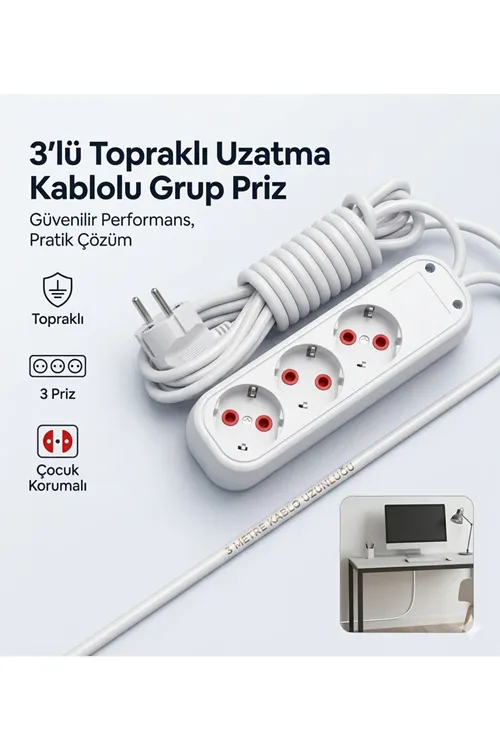 Grup 3'lü Ara Kablo Topraklı Üçlü Priz (3 METRE)