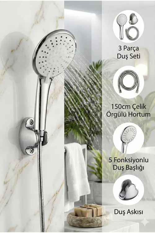 Yumuşak Akışlı 4 Fonksiyon Duş Başlığı Seti | Büyük Başlık, Çelik Hortum + Vidalı Askı