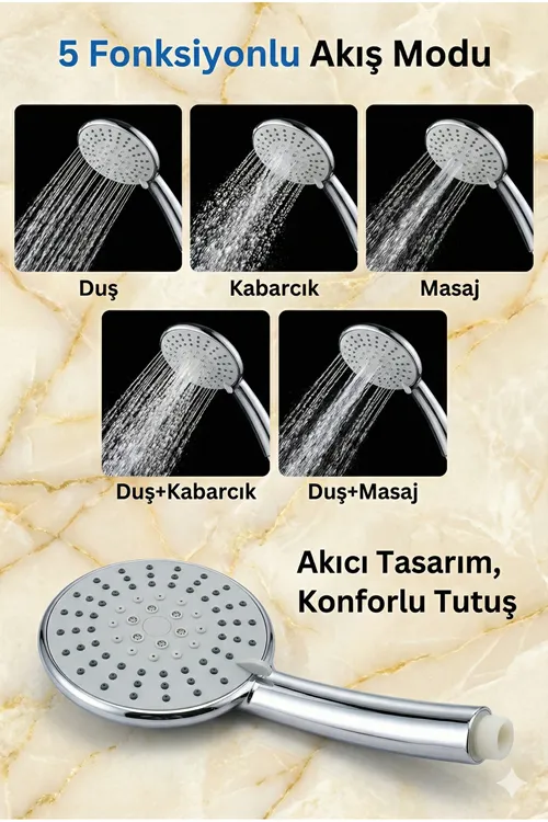 Yumuşak Akışlı 4 Fonksiyon Duş Başlığı Seti | Büyük Başlık, Çelik Hortum + Vidalı Askı