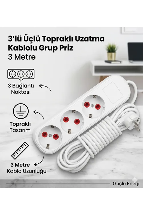 Grup 3'lü Ara Kablo Topraklı Üçlü Priz (3 METRE)