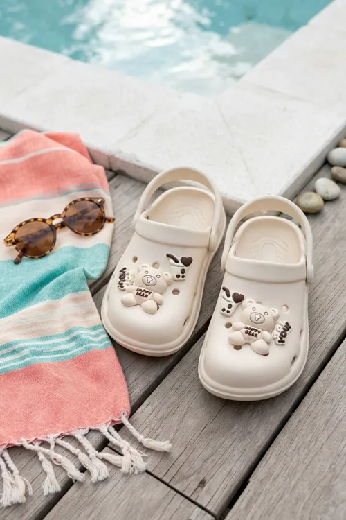Ekru Ayıcıklı Kreş Sahil Plaj Havuz Terliği Unisex Çocuk Terlik & Sandalet
