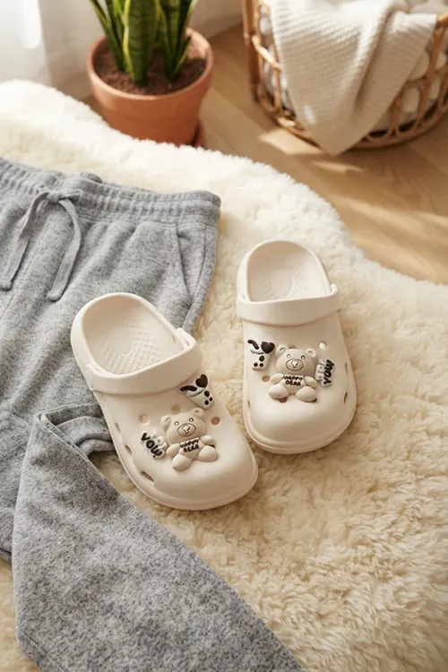 Ekru Ayıcıklı Kreş Sahil Plaj Havuz Terliği Unisex Çocuk Terlik & Sandalet