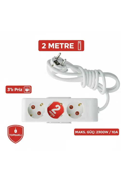 2 Metre Kablolu Topraklı Ara Kablosu Uzatmalı Seyyar 3lü Grup Priz