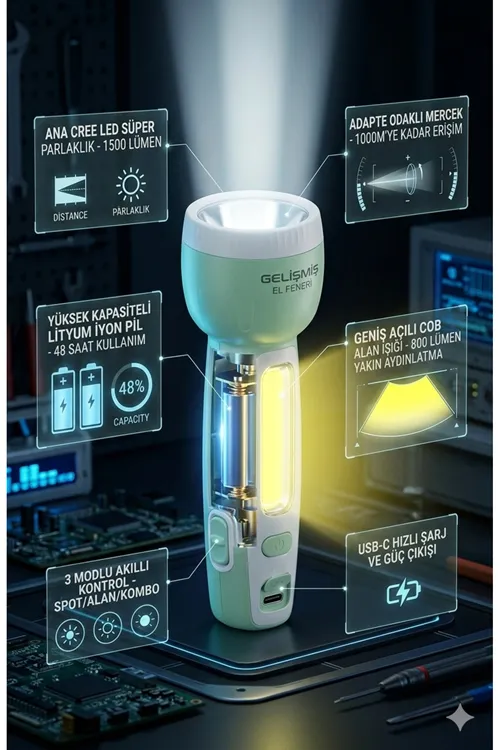 Şarjlı El Feneri Çift Fonksiyonlu 100W Led