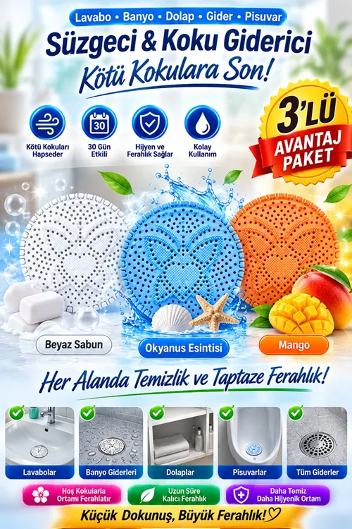 Mango Beyaz Sabun ve Okyanus Kokulu 3 Adet Lavabo Banyo Dolap Gider Pisuvar Süzgeci Çekmece Koku Giderici