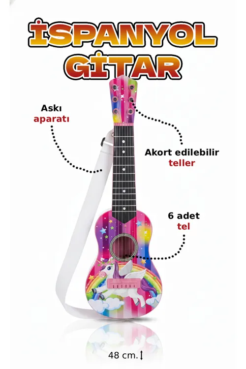 Pembe Oyuncak 6 Telli Ispanyol Gitar Unicorn My Little Pony Desenli 50 Cm.
