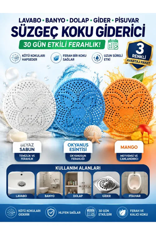 Mango Beyaz Sabun ve Okyanus Kokulu 3 Adet Lavabo Banyo Dolap Gider Pisuvar Süzgeci Çekmece Koku Giderici