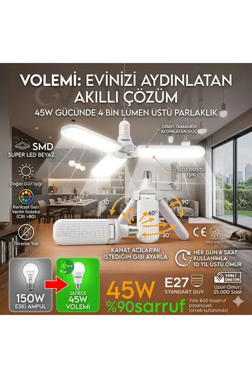 3 Kanatlı %90 tasarruflu 45w Ampul 5.000 Lümen Led Aydınlatma Beyaz Işık Led Ampul