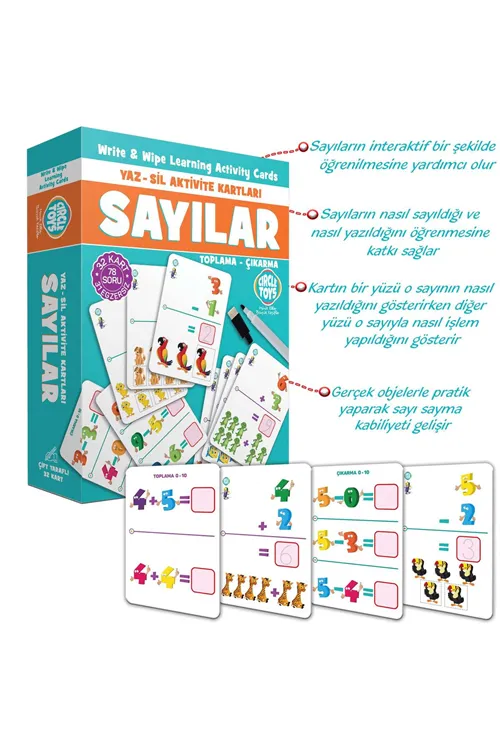 Yaz-Sil Sayılar Matematik Öğrenme Kartları Eğitici Oyuncak