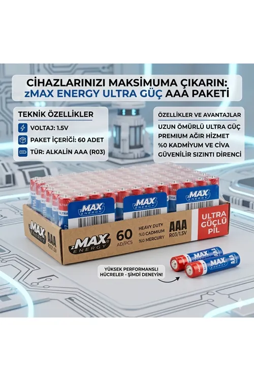 Zmax Energy MAX-0636 AAA Çinko İnce Kalem Kumanda Pili 60'lı