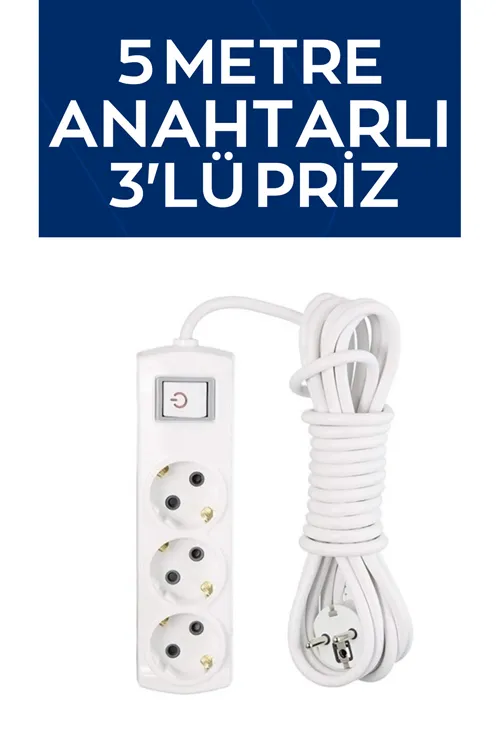 5 Metre Anahtarlı Kablolu Topraklı Ara Kablosu Uzatmalı Seyyar 3lü Grup Priz