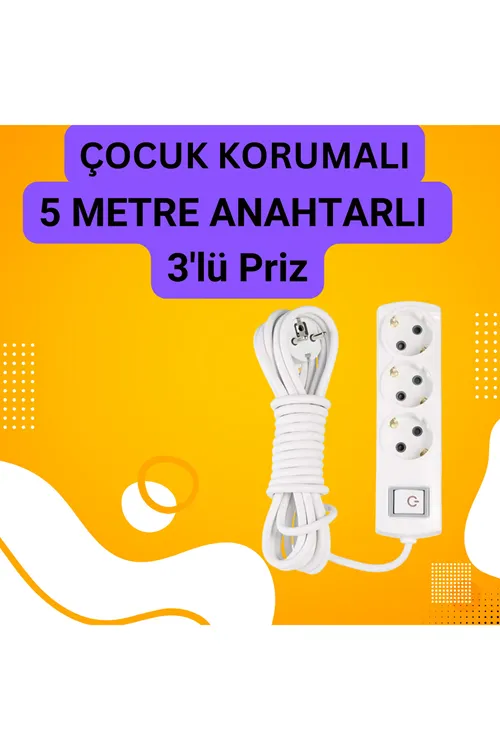 5 Metre Anahtarlı Kablolu Topraklı Ara Kablosu Uzatmalı Seyyar 3lü Grup Priz