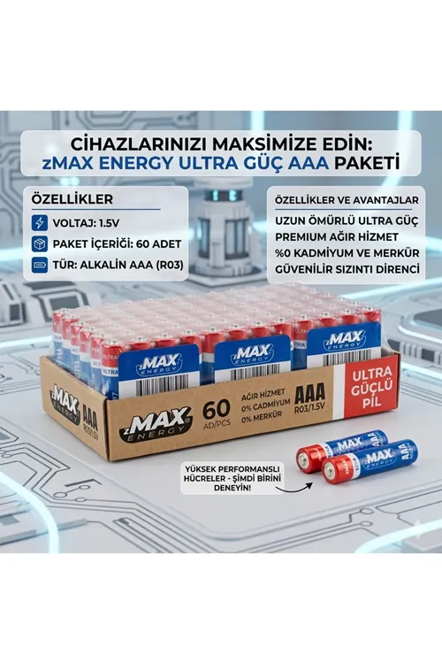 Zmax Energy MAX-0636 AAA Çinko İnce Kalem Kumanda Pili 60'lı