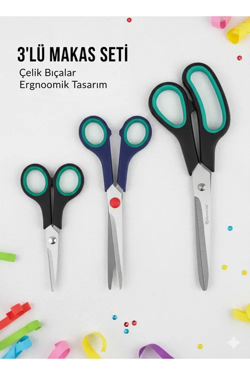 Paslanmaz Çelik Üçlü Makas Seti - Küçük Orta ve Büyük Boy Makas