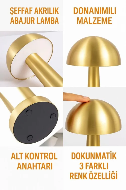 Mantar Masa Lambası Gold Şarjlı Dokunmatik 3 Renk Ayarlanabilir