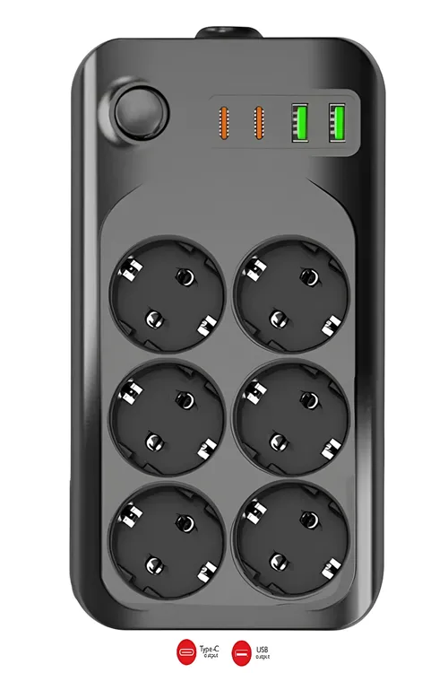 Termal Akım Korumalı USB ve Type-C 2.1A Şarj Çıkışlı 10A 2500W 6'lı Uzatma Grup Priz 2 Metre 3421
