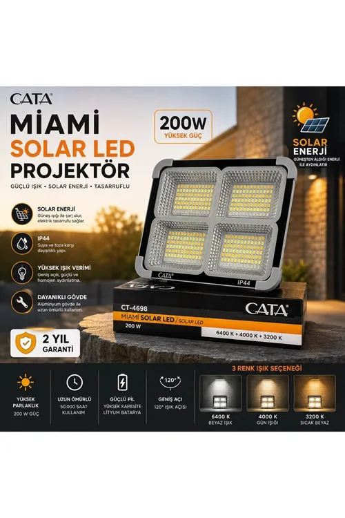 Ct-4698 Miami Solar Led Projektör (YENİ SOLAR PANEL VE PİL ÖMRÜ GÜÇLENDİRİLMİŞ)