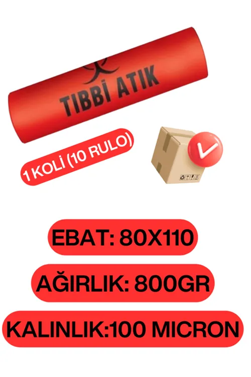 Tıbbi Atık Çöp Poşeti 80x110 800 Gr 100 Micron 1 Koli (10 Rulo)