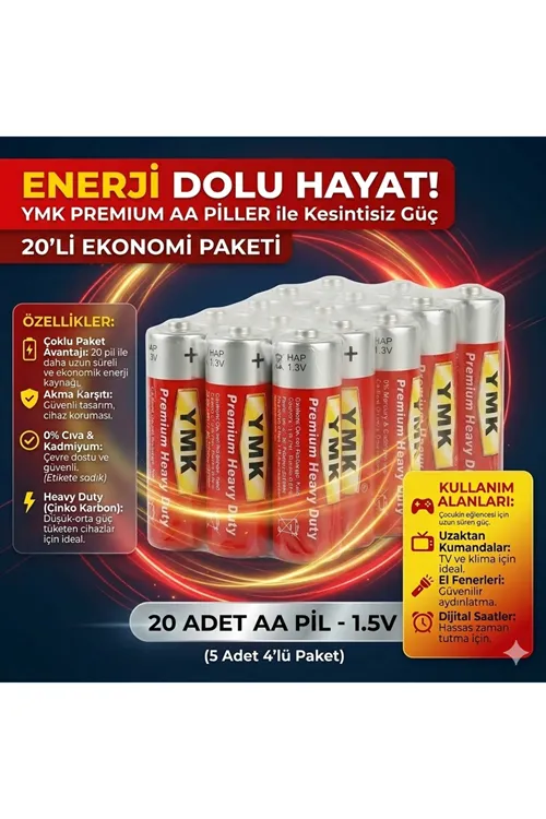 Alkalin AA Kalem Pil, 1,5V (Oyuncak - Mause - El Feneri ), 20'li Paket YMK