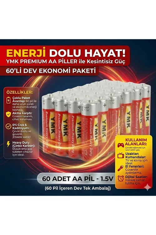 Alkalin AA Kalem Pil, 1,5V (Oyuncak - Mause - El Feneri ), 60'lı Paket YMK