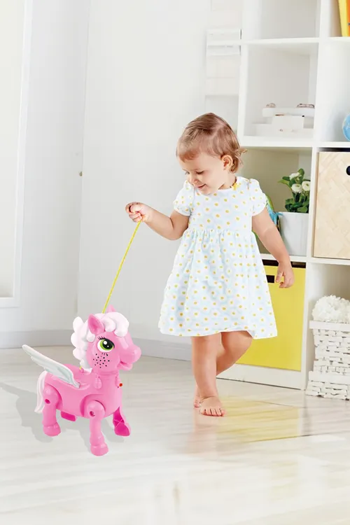 Işıklı Sesli Pilli Yürüyen At Oyuncağı Pony Oyuncağı Pembe ve Mavi