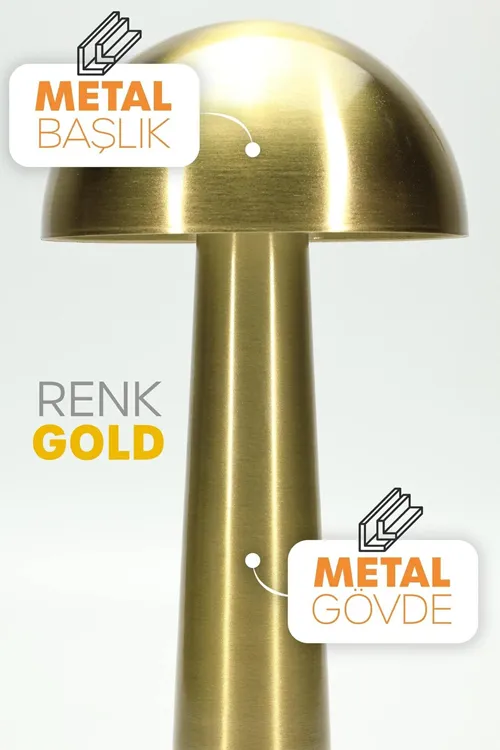 Şarjlı Mantar Masa Lambası Metal Dokunmatik 3 Işık Parlaklık Ayarlı Gece Masa Üstü Lamba - Gold