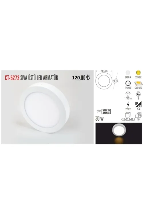 30 Watt Sıva Üstü Yuvarlak Panel Led Armatür Ct-5273 Beyaz Işık