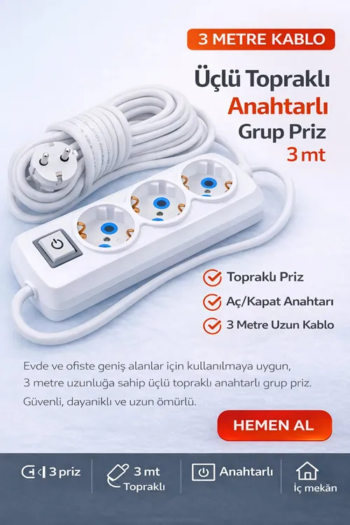 Üçlü Topraklı Anahtarlı Grup Priz 3 Metre
