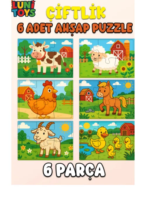 Çiftlik Hayvanları Temalı Eğitici Ahşap Puzzle | Koyun, Tavuk, At, Keçi, Ördek, Civciv | 3-6 Yaş