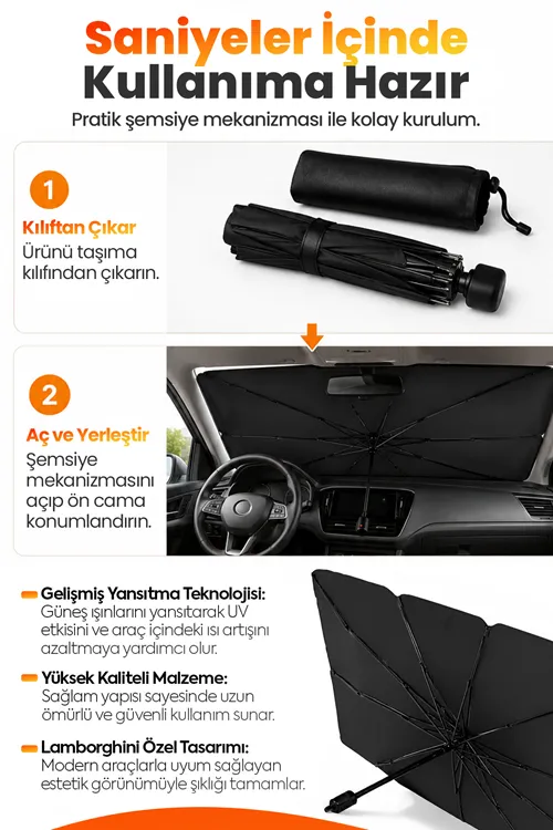 Şemsiye Tip Araç Güneşliği Ön Cam İçin Katlanabilir UV Korumalı Oto Güneşlik