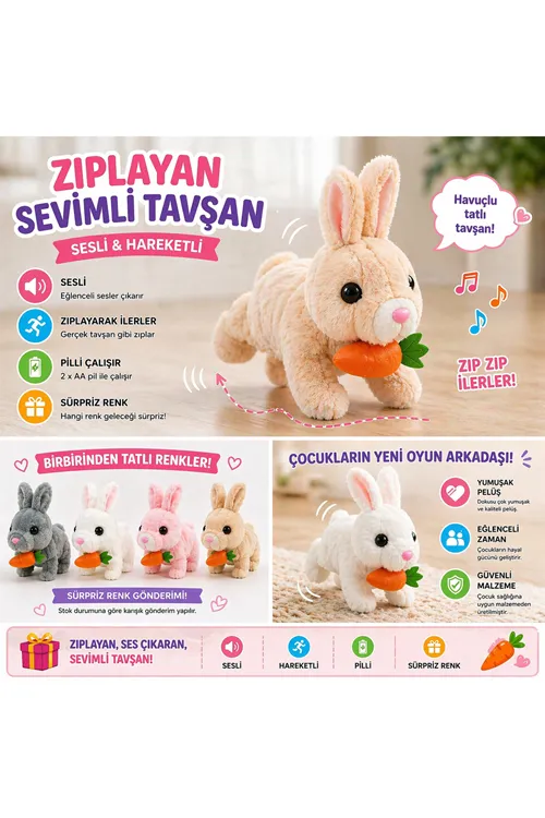 Pilli Zıplayan Tavşan Oyuncak | Sevimli Peluş Hareketli Tavşan
