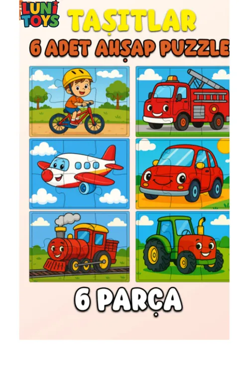 Taşıtlar Temalı Eğitici Ahşap Puzzle | Bisiklet, İtfaiye, Uçak, Araba, Tren, Traktör | 3-6 Yaş