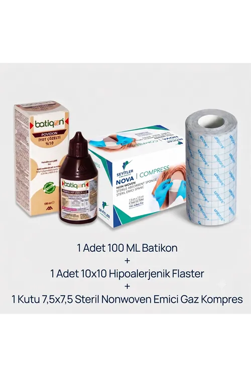 3'lü Pratik Yara Bakım Seti 1 Adet Batikon 100 ML + 1 Adet 10x10 Hipoallerjenik Flaster + 1 Adet 7,5x7,5 Nonwoven Steril Gaz Kompres