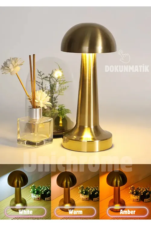 Metal Dokunmatik Mantar Masa Lambası 3 Işık Renkli Şarjlı Masa Lambası Gold