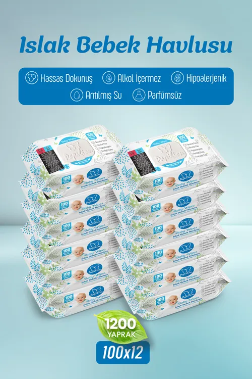 Baby Wipes Extra Kalın Islak Bebek Havlusu Kokusuz Hypoallergenic 12x100 1200 Yaprak Avantaj Paketi