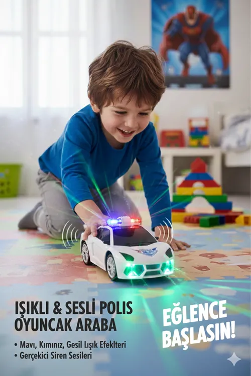 Oyuncak Polis Arabası Pilli Çarptıkça Yön Değiştiren Işıklı Sesli Polis Arabası