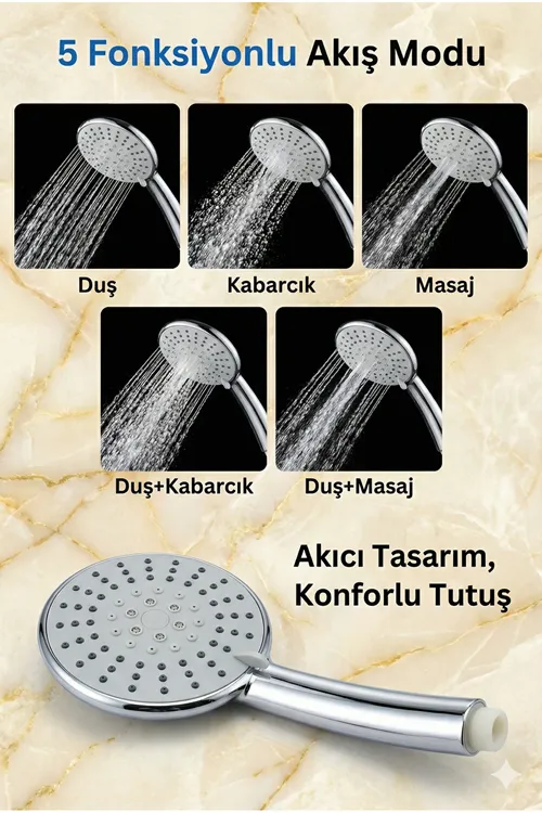 Duş Başlığı Seti 5 Fonksiyon | Büyük Duş Başlığı, Duş başlık Hortumu + Vidalı Duş Başlık Askısı