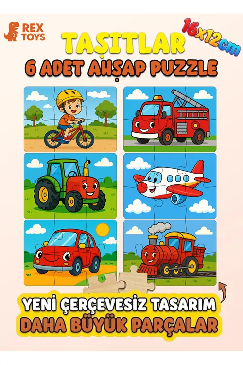 Taşıtlar Temalı Eğitici Ahşap Puzzle | Bisiklet, İtfaiye, Uçak, Araba, Tren, Traktör | 3-6 Yaş