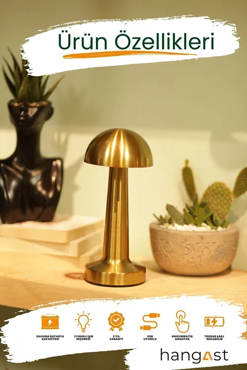 Dekoratif Metal Gold Mantar Kablosuz Masa Lambası Ledli 5v 3 Renk Işık Usb Şarjlı